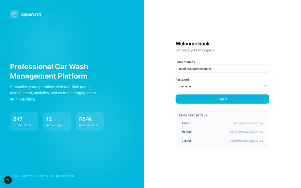 AquaWash management platform login screen
