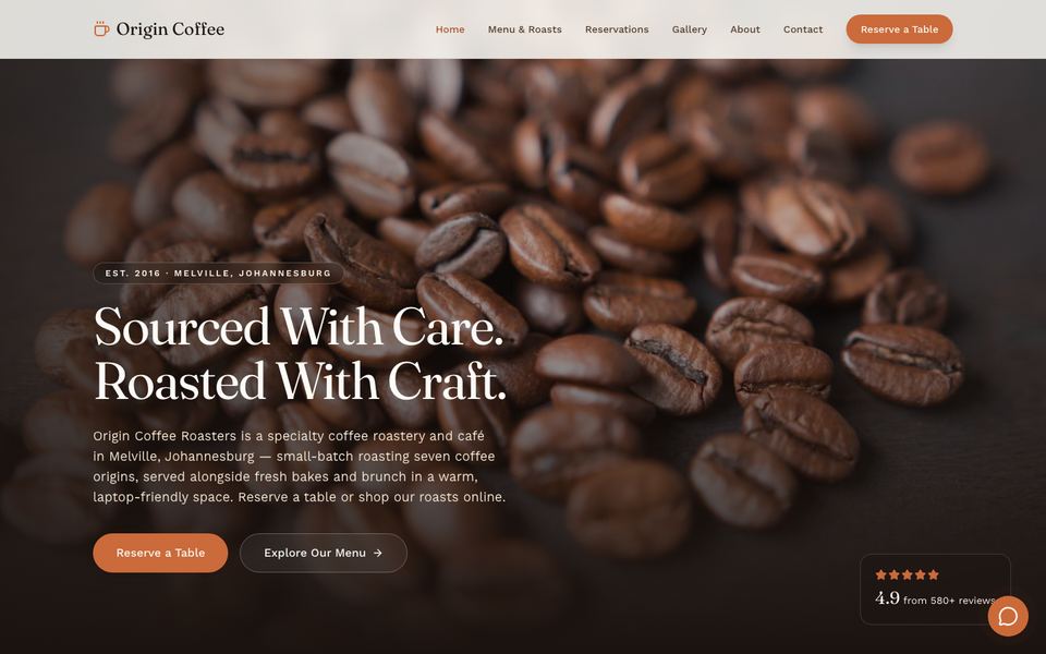 Origin Coffee Roasters homepage