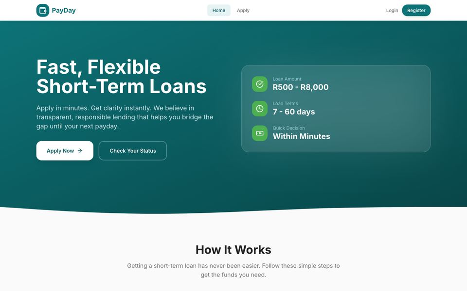PayDay loan application platform homepage